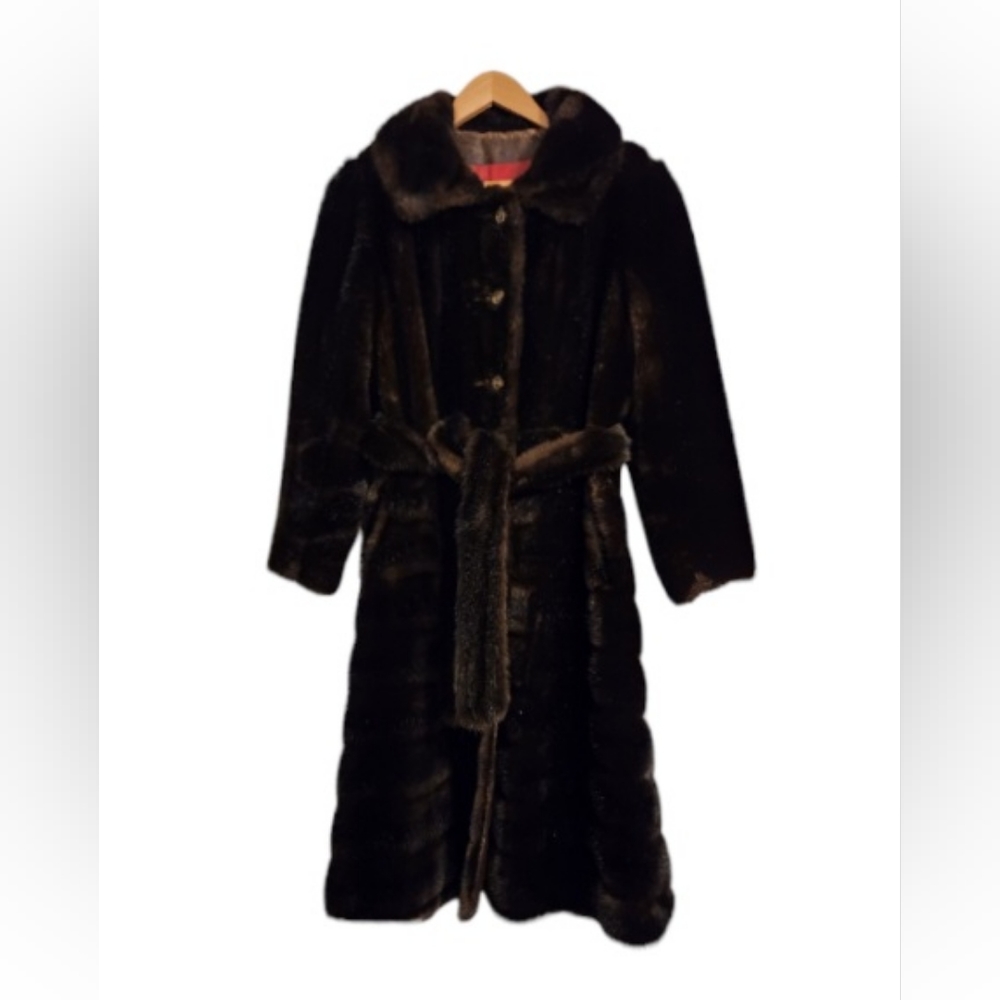 Vintage 1950s Tissavel France  Faux Brown Fur Coat with Fur Waistband